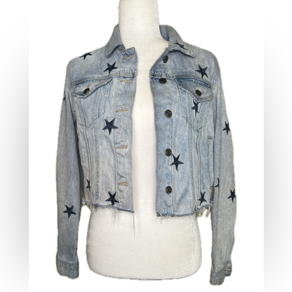 Pistola Brando Light Blue Navy Star Embroidered Denim Jean Jacket Raw Hem Small - Picture 3 of 10